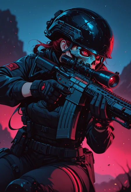 <lora:ck-nc-cyberpunk-IL-000011:0.3>,  masterpiece, best quality, good quality, very aesthetic, absurdres, newest, 8K, depth of field, focused subject, side view, epic, 1girl, woman, glowing red eyes, skull mask, wearing black military helmet, gloves, aiming, AR15 assault rifle, sniper stance, shouldering weapon, trigger discipline, nightstalker, outdoors, clear night sky, red and black color palette, dynamic angle of attack, in the style of cknc, in the style of ck-rw
<lora:MoriiMee_Gothic_Niji_Style_Illustrious_r1:0.5>
<lora:ck-neon-retrowave-IL:0.4>
<lora:ck-shadow-circuit-IL:0.7>