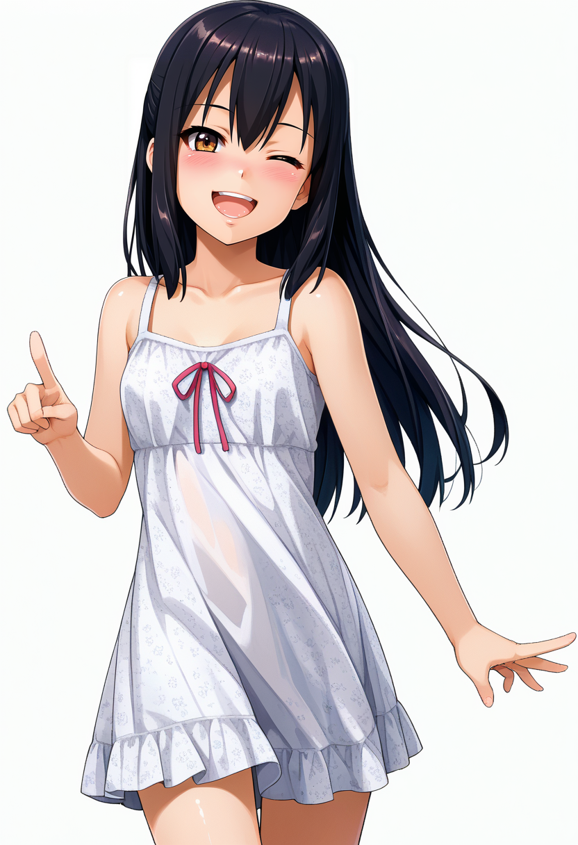 score_9,
<lora:K-On_NakanoAzusaXL(styled):1>, NakanoAzusa,
1girl, solo, open mouth, smile, blush, upper teeth only,
black hair, long hair, brown eyes, straight hair, one eye closed,
pointing at viewer, shiny skin, sundress, white dress, bare shoulders, floral print,
looking at viewer, standing, thigh gap,
simple background, white background