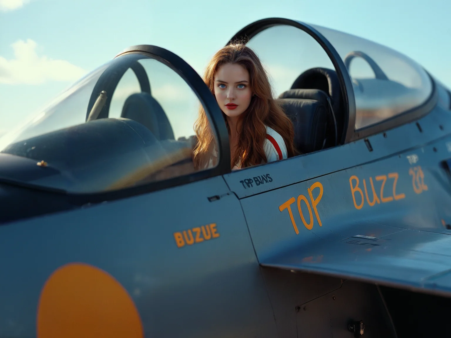 cinematic film still a colorful, high contrast, vivid photograph a whole F14, a young woman wearing a flight suit is the pilot of the F14, long hair hanging out of the canopy, (the side of the F14 says TOP BUZZ:1.6), highly insanely detailed, masterpiece, top quality, best quality, highres, 4k, 8k, RAW photo . shallow depth of field, vignette, highly detailed, high budget, bokeh, cinemascope, moody, epic, gorgeous, film grain, grainy
