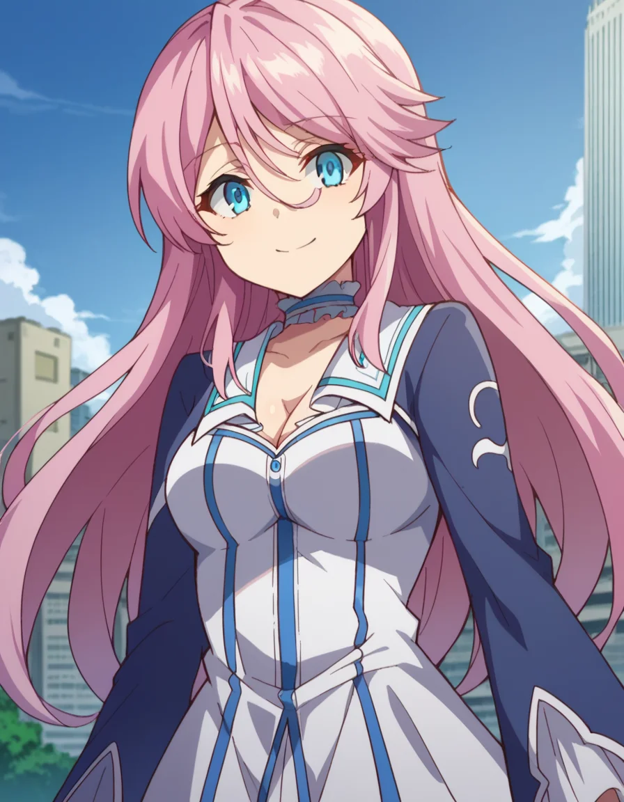 score_9, score_8_up, score_7_up, source_anime,
flarearlgrandejioral, <lora:flare-arlgrande-jioral-ponyxl-lora-nochekaiser:1>
flare arlgrande jioral, long hair, pink hair, hair between eyes,
blue eyes, dress, cleavage, choker, white dress, skirt, long sleeves,
outdoors, cityscape, smile,
looking at viewer, dutch angle, cowboy shot,