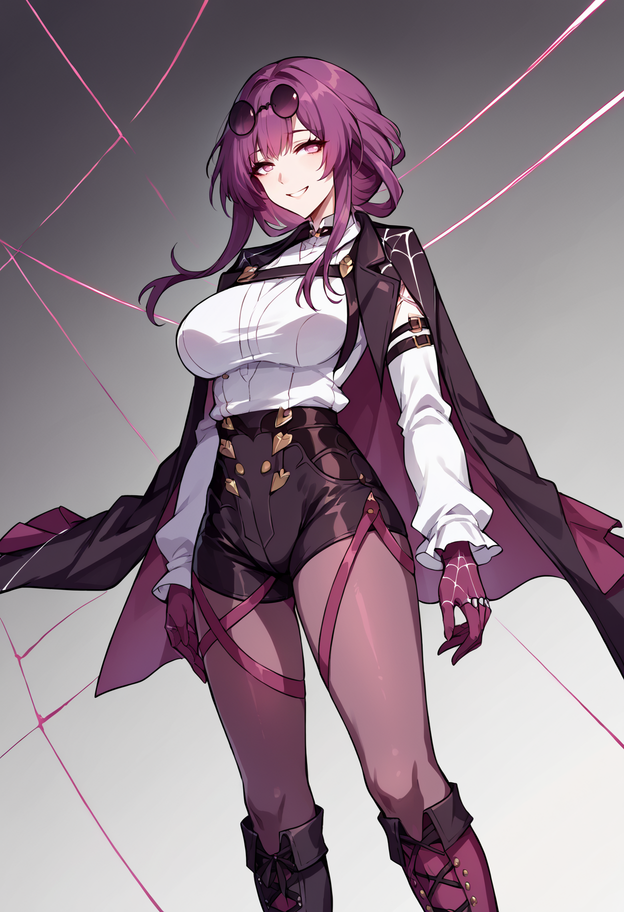 score_9, score_8_up, score_7_up, source_anime, 1girl, mlkfk, eyewear on head, jacket on shoulders, long hair, pince-nez, purple hair, round eyewear, sunglasses, white shirt, double breasted, high, asymmetrical gloves, spider web print, high heel boots, knee boots, pantyhose under shorts, purple pantyhose,  <lora:Kafka-pdxl-1:1>, mature female, smile, cowboy shot,