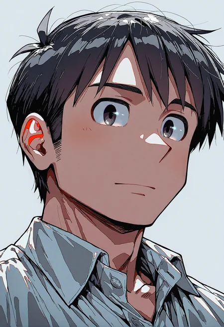 masterpiece, best quality, newest, absurdres, highres, very awa, 1boy, male, male focus, takasaki manabu, black eyes, collared shirt, portrait, from below
