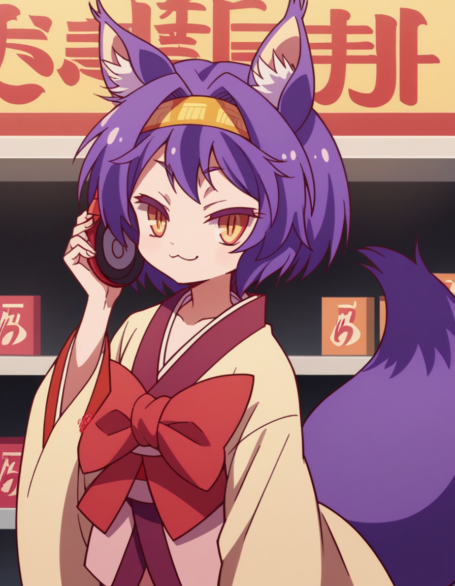 score_9, score_8_up, score_7_up, source_anime, <lora:izuna-hatsuse-s1-ponyxl-lora-nochekaiser:1>, izuna hatsuse, short hair, animal ears, purple hair, hairband, animal ear fluff, fox ears, slit pupils, yellow eyes,, bow, tail, japanese clothes, wide sleeves, kimono, fox tail, short kimono,, music store, browsing records, headphones, vinyl collection, nostalgic, smile, looking at viewer, smug, solo,, cowboy shot, dutch angle