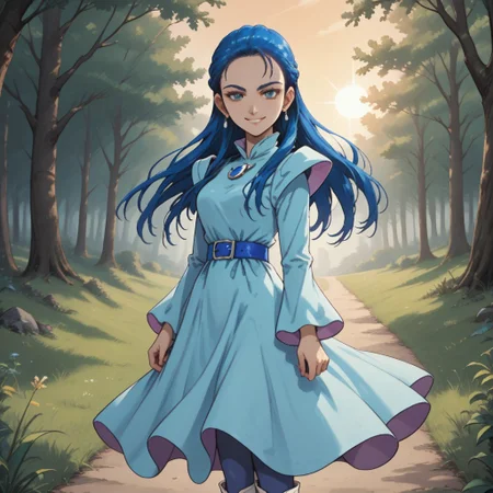 score_9, score_8, BREAK, solo, Kiryuu_Kaoru_(Pretty_Cure), 1girl, blue hair, long hair, forehead, blue eyes, eyelashes, blue earings, jewelry, light blue dress, long sleeves, juliet sleeves, brooch, blue belt, blue pantyhose, white boots, white footwear, self portrait, smile, looking at viewer, outdoors, sunlight, shadows, evening lighting, natural lighting, forest, trees, grass, orange sky, sunset