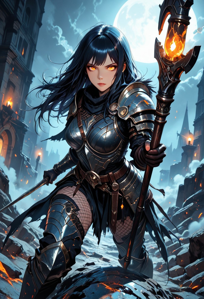 (masterpiece), (best quality), (8k),
11girl, beautiful, breasts, battle scarred, damaged armor, fishnets under armor, bangs, long hair, plated armour, holding staff, battle stance, dynamic angle, ancient fantasy city, battle-ready stance, dynamic pose, at night, moonlight, riding a nimbus cloud, nimbus, wukong theme, directional lighting, viewed from above,
beautiful eyes, detailed eyes, perfect eyes, orange eyes, beautiful eyes, looking at viewer, 
extreme foreshortening,
