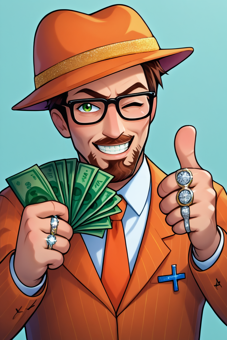 score_9, score_8_up, score_7_up, BREAK,  <lora:gangstersb-guy-PONYv1:1>, gangstersb, thumbs up, one eye closed, grin, smile, money, holding money, portrait, cropped torso, ring, formal, hat, orange headwear,  necktie, orange suit, striped, solo, looking at viewer,   <lora:gordonfreeman-hl-richy-v1_pdxl:1> gordonfreeman, brown hair, short hair, facial hair, glasses, green eyes, beard,