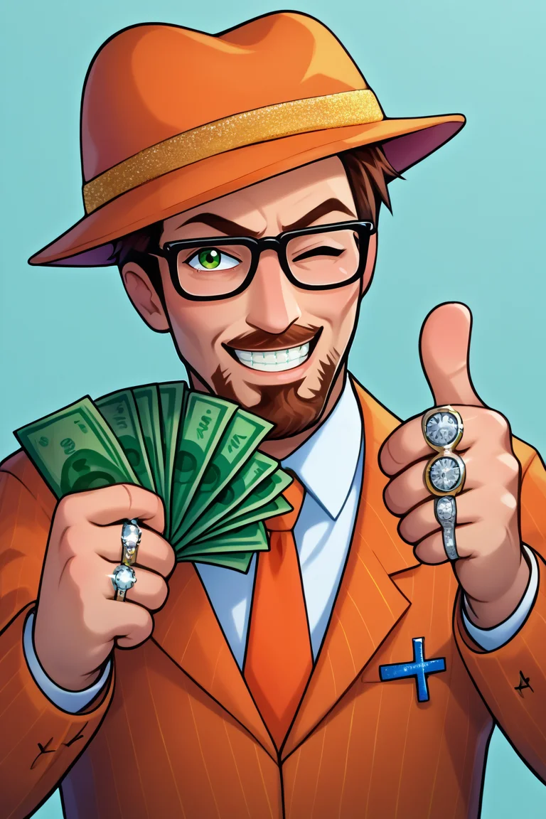 score_9, score_8_up, score_7_up, BREAK,  <lora:gangstersb-guy-PONYv1:1>, gangstersb, thumbs up, one eye closed, grin, smile, money, holding money, portrait, cropped torso, ring, formal, hat, orange headwear,  necktie, orange suit, striped, solo, looking at viewer,   <lora:gordonfreeman-hl-richy-v1_pdxl:1> gordonfreeman, brown hair, short hair, facial hair, glasses, green eyes, beard,