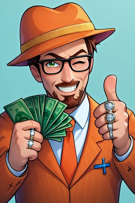 score_9, score_8_up, score_7_up, BREAK,  <lora:gangstersb-guy-PONYv1:1>, gangstersb, thumbs up, one eye closed, grin, smile, money, holding money, portrait, cropped torso, ring, formal, hat, orange headwear,  necktie, orange suit, striped, solo, looking at viewer,   <lora:gordonfreeman-hl-richy-v1_pdxl:1> gordonfreeman, brown hair, short hair, facial hair, glasses, green eyes, beard,