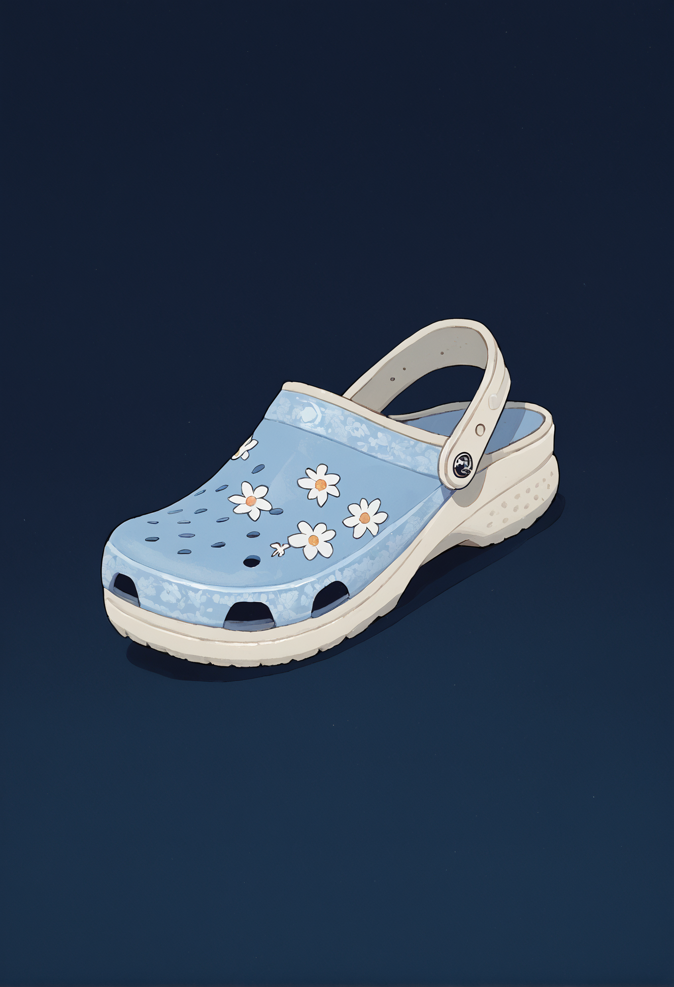 score_9, score_8_up, score_7_up, no humans, crocs, dark blue background, simple background, light blue crocs, white flower print, <lora:ryth-crocs:1>,