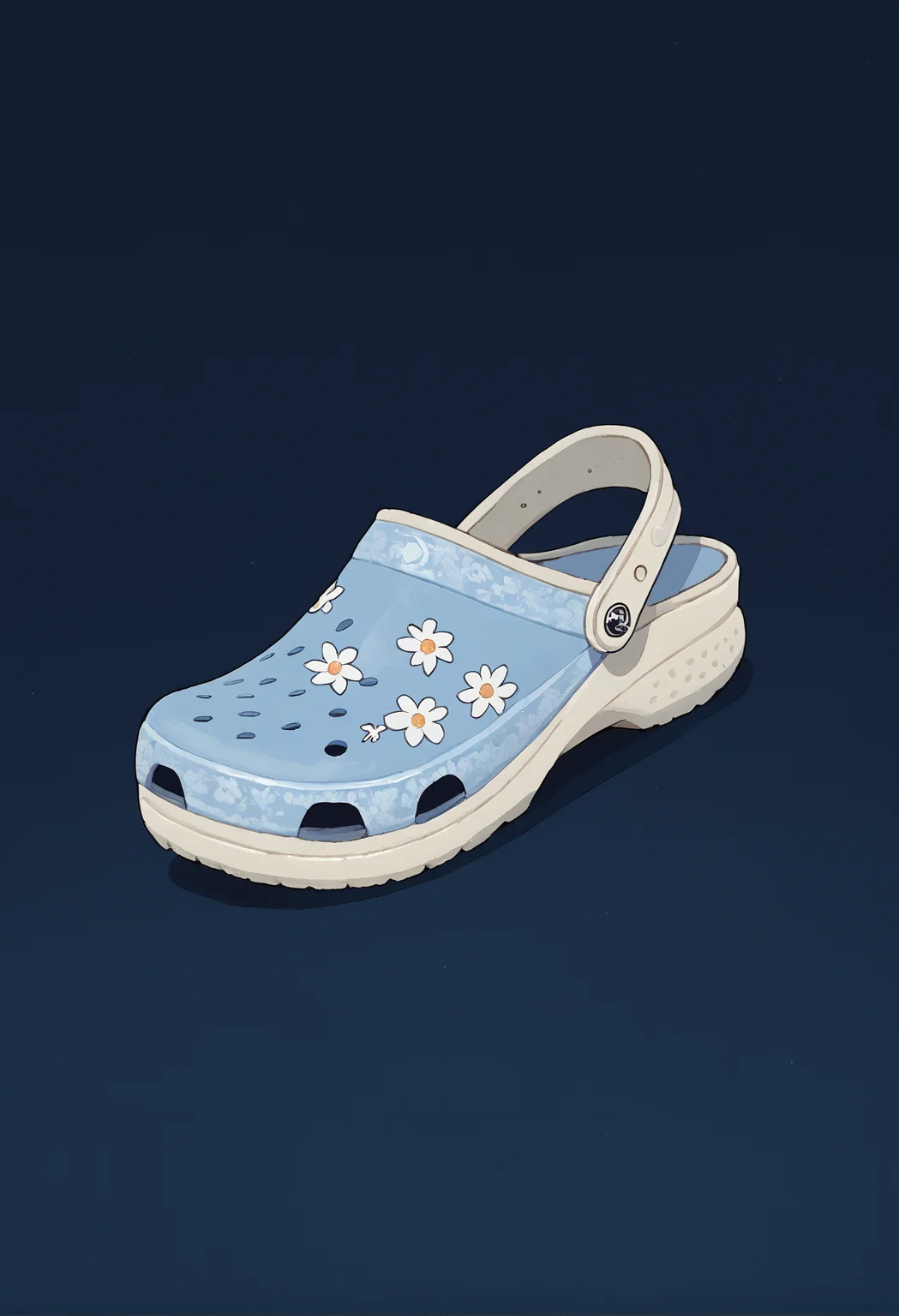 score_9, score_8_up, score_7_up, no humans, crocs, dark blue background, simple background, light blue crocs, white flower print, <lora:ryth-crocs:1>,