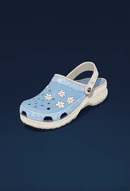 score_9, score_8_up, score_7_up, no humans, crocs, dark blue background, simple background, light blue crocs, white flower print, <lora:ryth-crocs:1>,