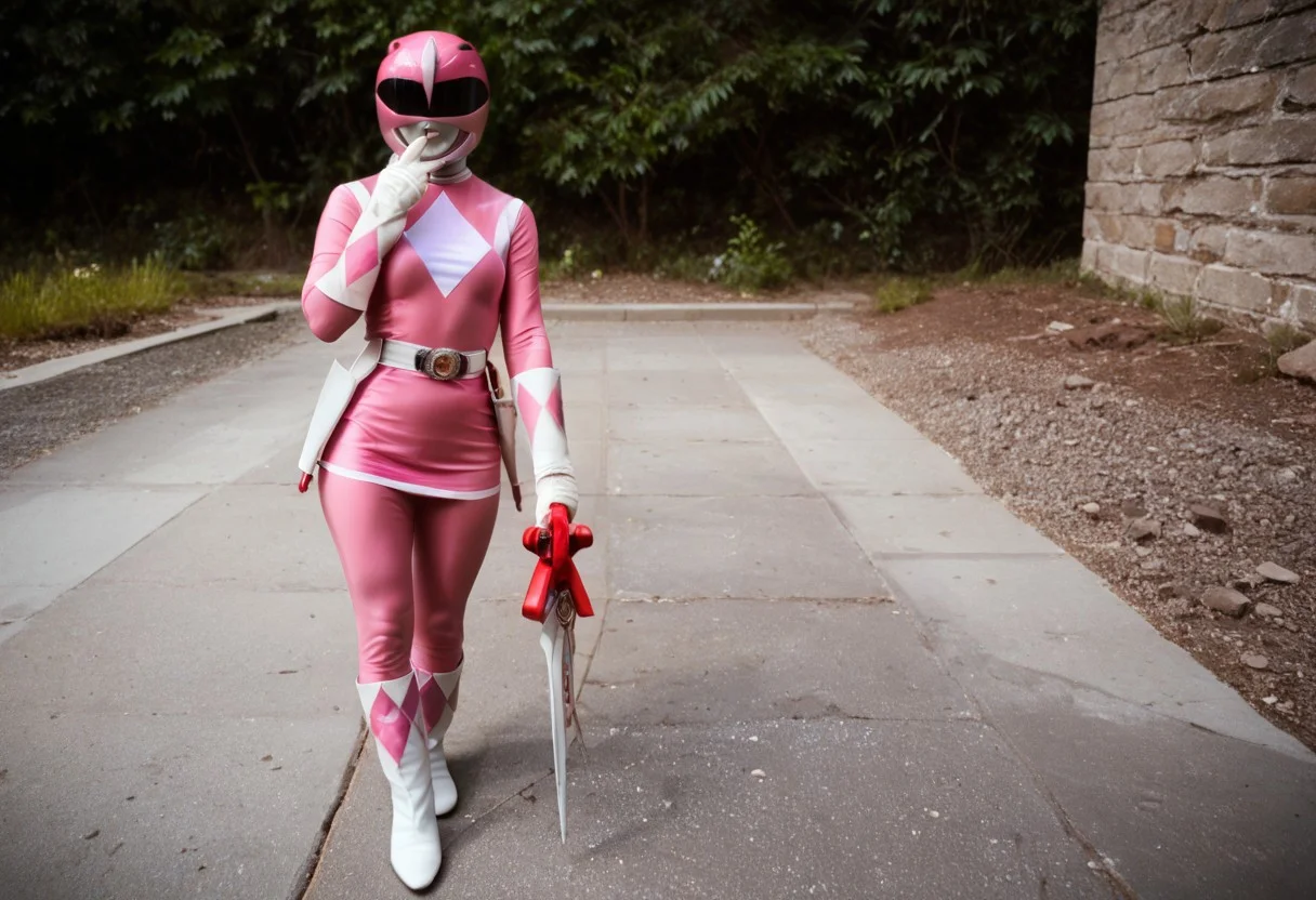 score_9, score_8_up, score_7_up
, masterpiece, beautiful,
solo,1 girl, wearing a helmet, medium breast, wide hips,
PinkPowerranger,Tight suit, diamond patterns suit, white gloves,helmet,pink helmet, glossy finish,pteroylpinkhelmet, pink accents, white belt, skirt, vibrant color, white boots,pink colored suit,Holster
standing, bow, holding bow, pov,
