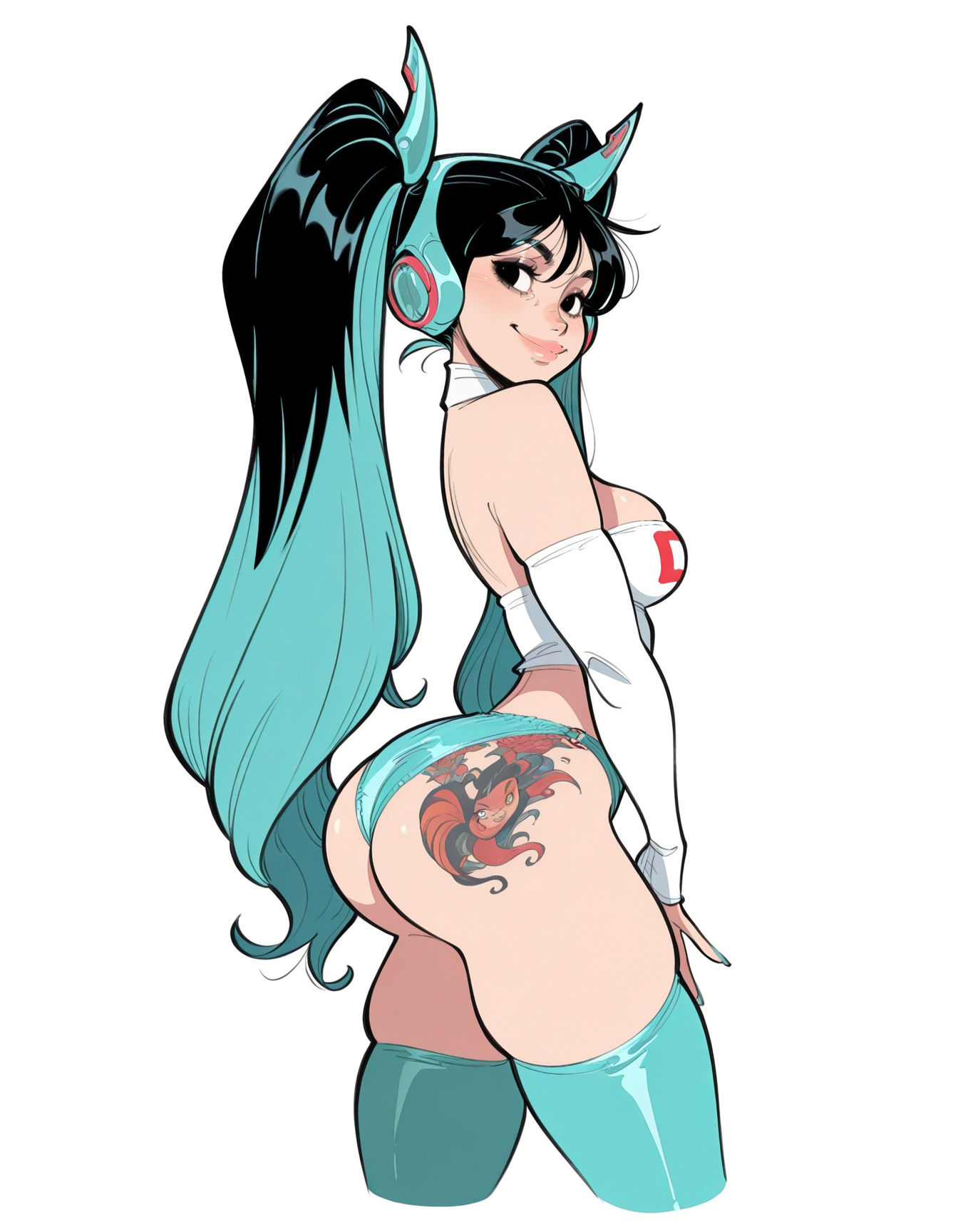 <lora:AndreinaFonsecaIL:0.8>, andre1na_f0nseca, 1girl, tattoo, lips, black hair, long hair, medium breasts, black eyes,
aqua_hair aqua_nails aqua_panties ass ass_focus boots detached_sleeves hair_between_eyes hair_ornament headset heart huge_ass long_hair looking_at_viewer looking_back number_tattoo panties shirt simple_background smile solo tattoo thick_thighs thigh_boots thighs twintails twitter_username underwear v very_long_hair white_shirt
, <lora:AlessandroBarbucciILV1:0.9>, masterpiece, best quality, amazing quality, flat colors
