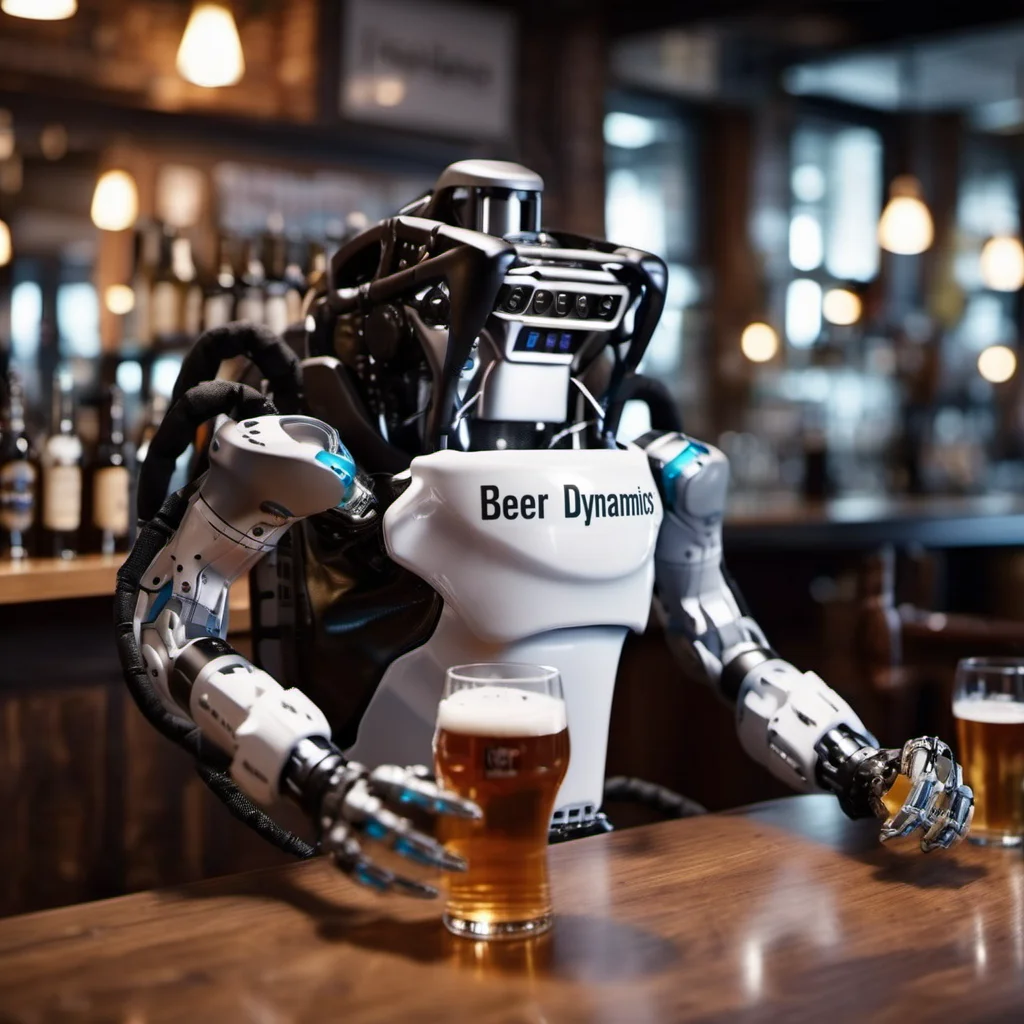 robot having a beer in a pub, (((text ''Beer Dynamics''))) <lora:Atlas1024-000160:0.8>