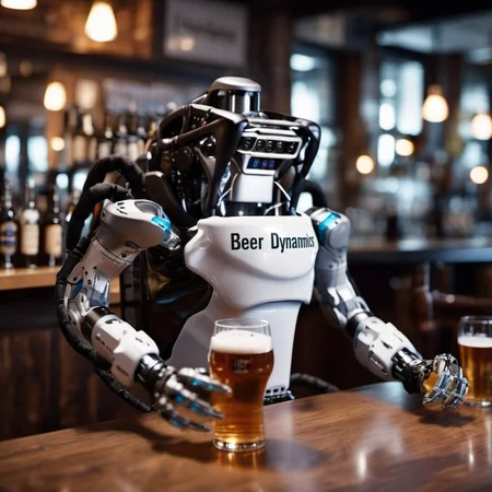 robot having a beer in a pub, (((text ''Beer Dynamics''))) <lora:Atlas1024-000160:0.8>