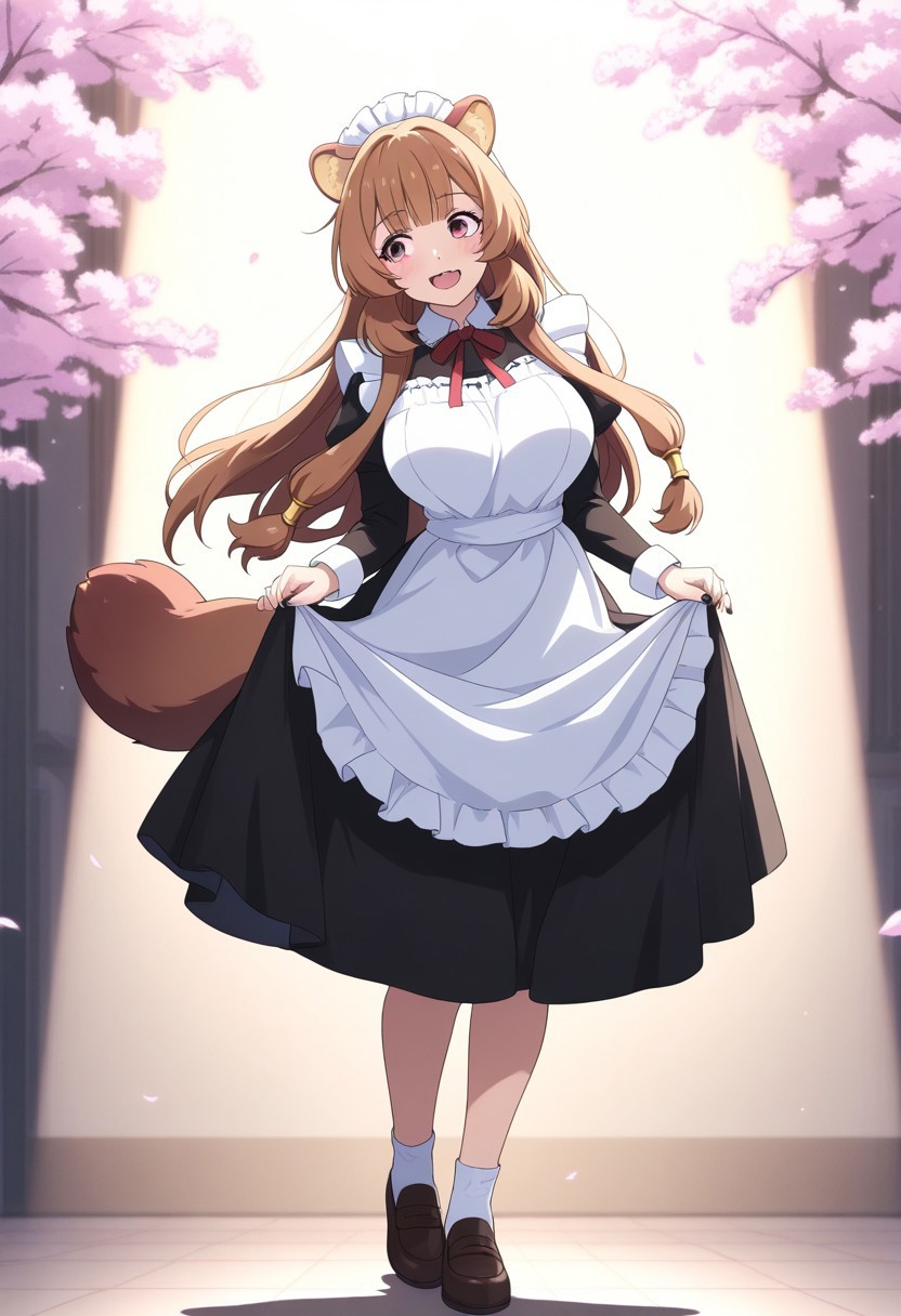 masterpiece, cute, lovely, (best quality:1.3), (amazing quality:1.3), very aesthetic, 1girl, (Kamuo_Style), anime screencap, raphtalia, raccoon ears, fluffy racoon tail, breasts, smiling, open eyes, big eyes, big breasts, blush, close mouth, happy, excited, cell shading BREAK, cherry blossoms background, leaning back, leaning to the side, fangs, smile, black nails, free pose, delicate skin texture, fair skin, delicate face, long eyelashes, pastels, bright tones, wind, light particles, light, bright tones, motion lines, extremely detailed, intricate, delicate details, movie lighting, very beautiful, absurd, dynamic graphics, dynamic angles, special movements, dynamic poses, action poses, dynamic movements, (Illustration: 1.2), (8K Wallpaper), (Beautiful, pretty eyes: 1.2), Delicate eyes, beautiful, soft colors, clear line, soft, pastel, colorful, posing, shadow, head tilted, looking away, standing, upper body , front view, maid uniform, black thighs, maid headwear, apron, loafer, contrapposto, medium long dress, shaded, back lights, lifted by self,