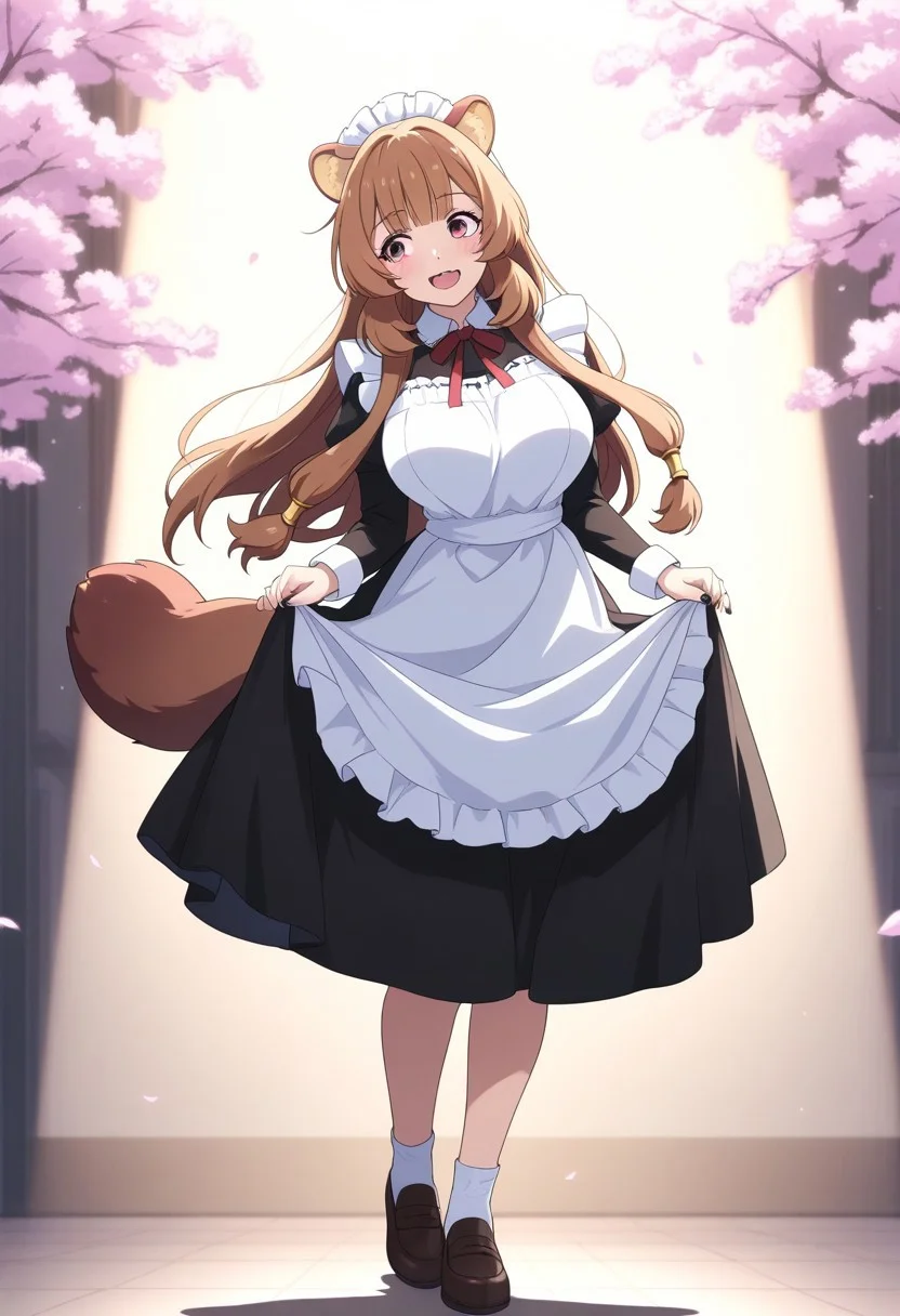 masterpiece, cute, lovely, (best quality:1.3), (amazing quality:1.3), very aesthetic, 1girl, (Kamuo_Style), anime screencap, raphtalia, raccoon ears, fluffy racoon tail, breasts, smiling, open eyes, big eyes, big breasts, blush, close mouth, happy, excited, cell shading BREAK, cherry blossoms background, leaning back, leaning to the side, fangs, smile, black nails, free pose, delicate skin texture, fair skin, delicate face, long eyelashes, pastels, bright tones, wind, light particles, light, bright tones, motion lines, extremely detailed, intricate, delicate details, movie lighting, very beautiful, absurd, dynamic graphics, dynamic angles, special movements, dynamic poses, action poses, dynamic movements, (Illustration: 1.2), (8K Wallpaper), (Beautiful, pretty eyes: 1.2), Delicate eyes, beautiful, soft colors, clear line, soft, pastel, colorful, posing, shadow, head tilted, looking away, standing, upper body , front view, maid uniform, black thighs, maid headwear, apron, loafer, contrapposto, medium long dress, shaded, back lights, lifted by self,