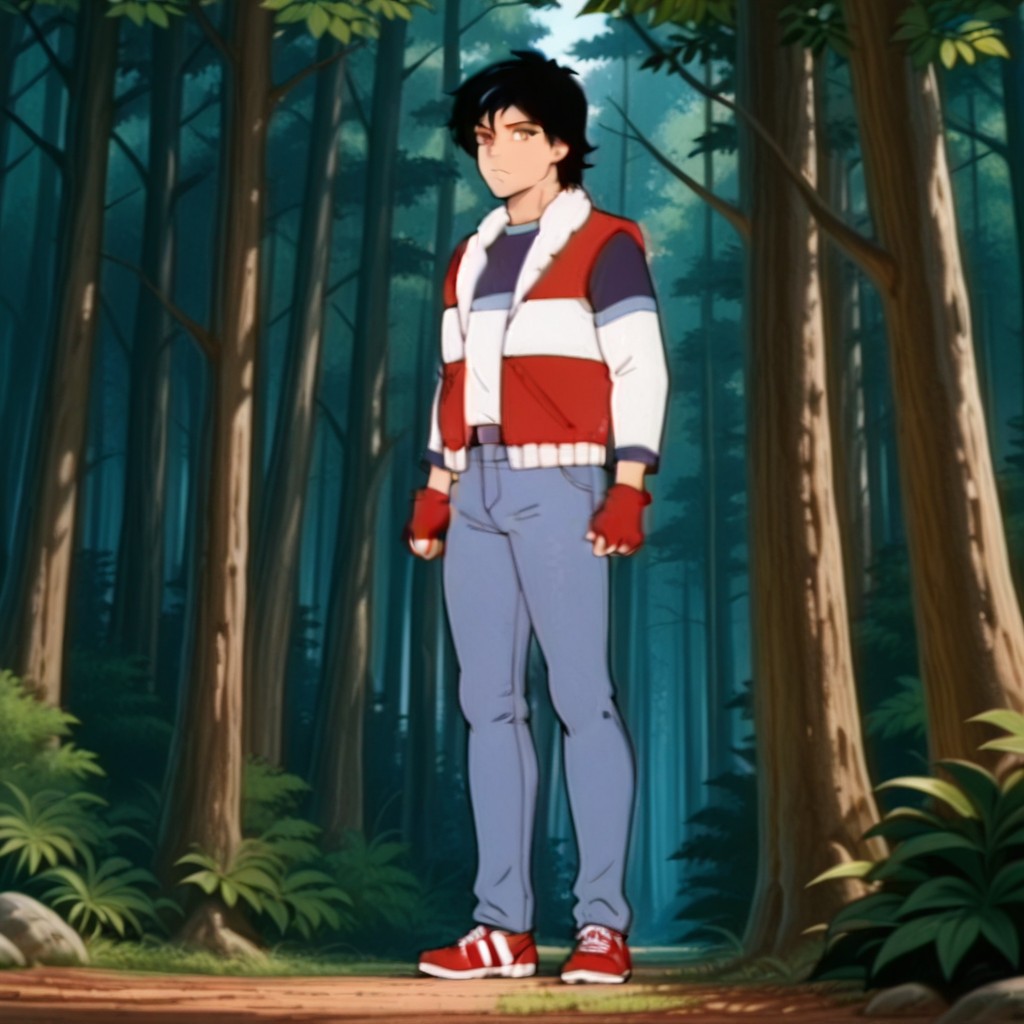 masterpiece, best quality, amazing quality, davidDsil, human, male, black hair, blue highlight, brown eyes, blue vest, white trim, striped shirt, long sleeves, red fingerless gloves, blue jeans, red and white shoes, standing, forest, solo, <lora:b5aa53b2-e41b-4123-b1e7-94452b1c8f06:1.0>