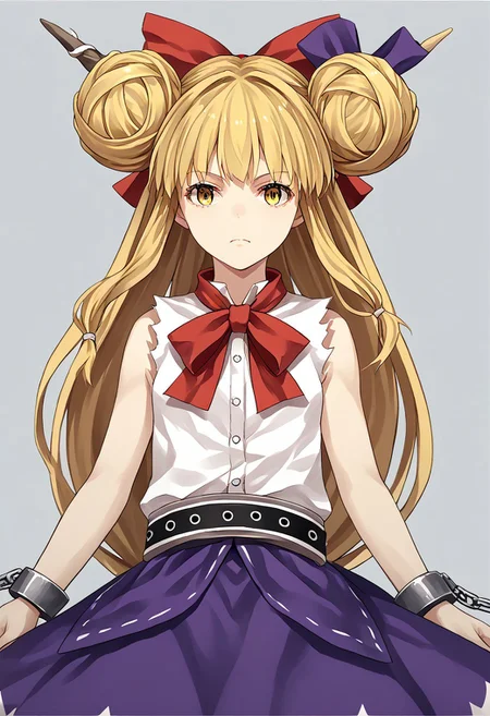 score_9, score_8_up, score_7_up, score_6_up, score_5_up, score_4_up, source_anime, 1girl, solo,
ibuki suika, double bun, blonde hair, low-tied long hair, hair bow, yellow eyes, sleeveless white shirt, belt, purple skirt, shackles,
masterpiece, best quality, very aesthetic, absurdres,