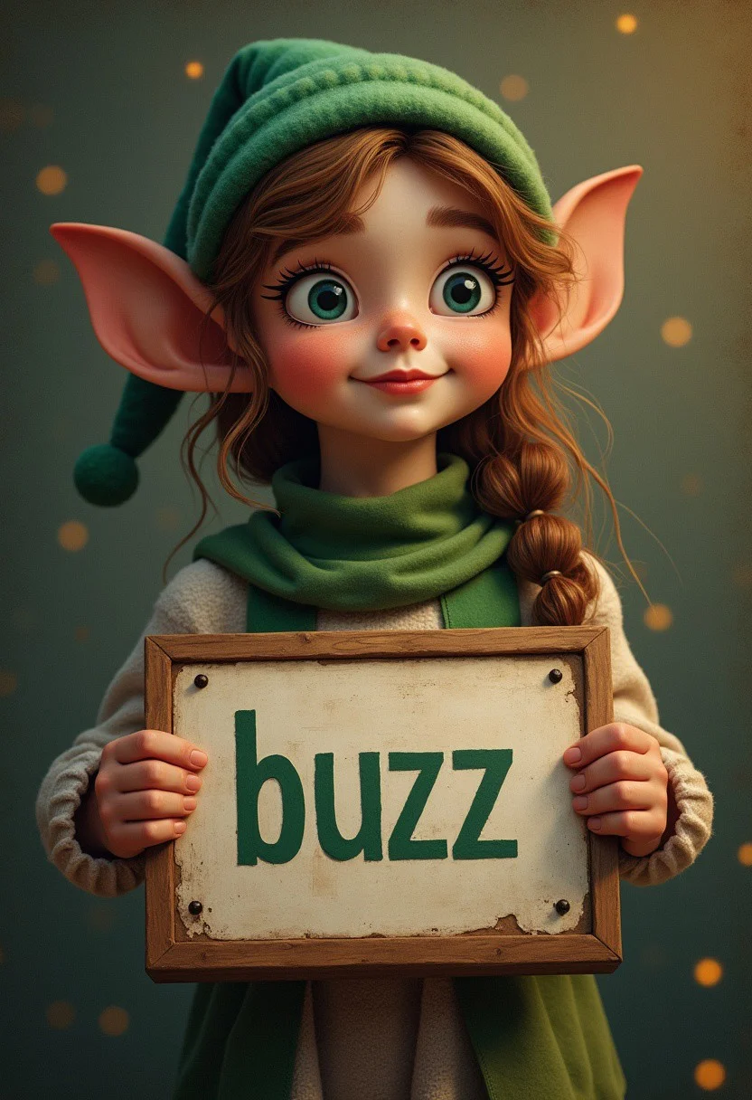 elf girl holding a  sign that says "buzz"