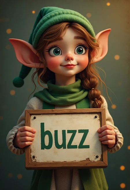 elf girl holding a  sign that says "buzz"