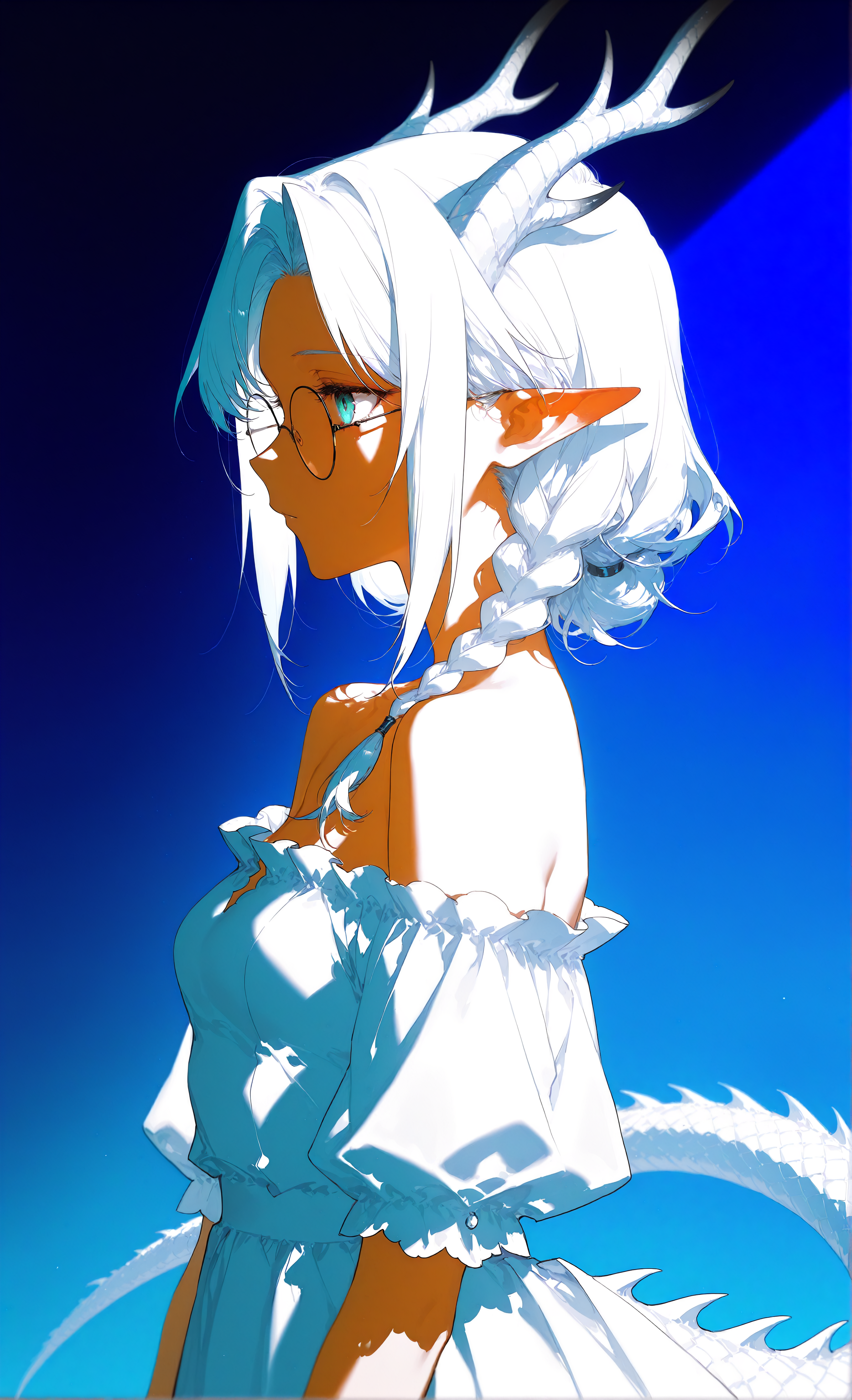 masterpiece, sharp detail, intricate detail, 1girl, (rella, konya karasue), mature female, dragon girl, white dragon tail, white dragon horns, white hair, black tips, medium hair, curtained hair, side braid, glasses, pointy ears, aqua eyes, small breasts, ink art, simple background, dress, bare shoulders, upper body, short sleeves, off shoulder, white dress, from side, profile, blue background, gradient background, off-shoulder dress, chiaroscuro, volumetric lighting, dappled light, dramatic shadows, cinematic lighting, detailed background, light and shadow contrast, <lora:aboba_prime_3:0.8>
