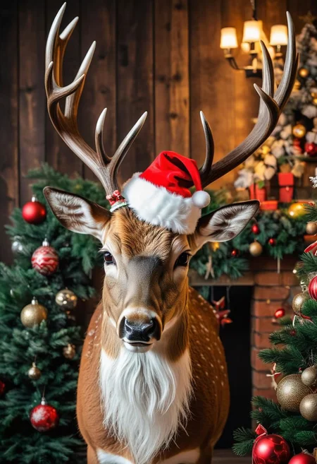 wild angry deer rushes towards the viewer, there are Christmas decorations on the antlers, some of the Christmas decorations are broken, part of the frame is occupied by the face of Santa Claus in horror