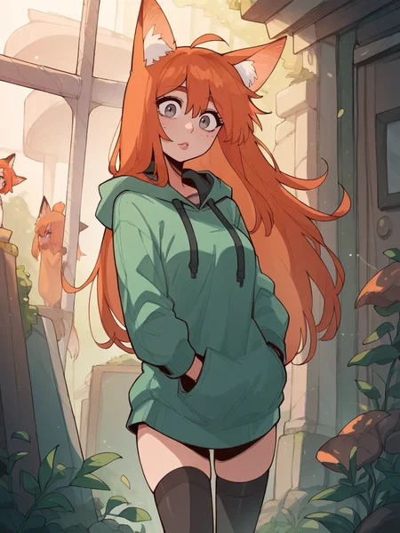 source_anime, score_9, score_8_up, score_7_up, score_6_up, score_5_up, thighhighs, long hoodie, <lora:D4lm4uXLP:1> d4lm4u, 1girl, curvy, ginger hair, long hair, grey eyes, fox ears
