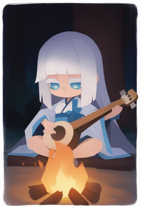 onmyojistyle, chibi, masterpiece, best quality, <break> white border, solo, 1girl, expressionless, looking down, sitting, indian style, playing instrument, banjo, long hair, white hair, blunt bangs, blue eyes, colored eyelashes, diamond-shaped pupils, japanese clothes, white kimono, blue sash, obi, dark background, outdoors, campfire, tree, log
<segment:yolo-Anzhc Face seg 640 v2 y8n.pt,0.4,0.5//cid=1>
