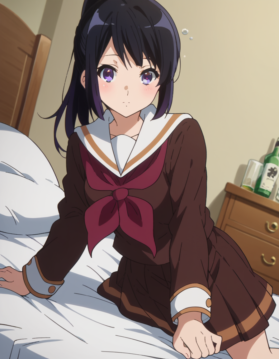 score_9, score_8_up, score_7_up, source_anime,
reinakousaka, <lora:reina-kousaka-ponyxl-lora-nochekaiser:1>,
reina kousaka, long hair, bangs, black hair, purple eyes,
ponytail, skirt, shirt, long sleeves, school uniform, pleated skirt, serafuku, neckerchief, brown skirt, white sailor collar, brown shirt, kitauji high school uniform, red neckerchief,
indoors, bed, bed room, on side, blush, drunk,
looking at viewer, cowboy shot, dutch angle,