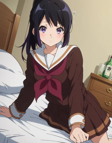 score_9, score_8_up, score_7_up, source_anime,
reinakousaka, <lora:reina-kousaka-ponyxl-lora-nochekaiser:1>,
reina kousaka, long hair, bangs, black hair, purple eyes,
ponytail, skirt, shirt, long sleeves, school uniform, pleated skirt, serafuku, neckerchief, brown skirt, white sailor collar, brown shirt, kitauji high school uniform, red neckerchief,
indoors, bed, bed room, on side, blush, drunk,
looking at viewer, cowboy shot, dutch angle,
