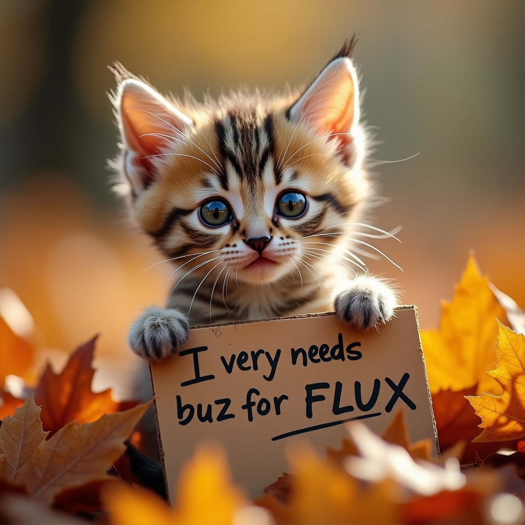 miniature kitten, oversized dark eyes shimmering holding a cardboard with his paws that reads "I very needs buzz for FLUX", nestled in a bed of autumn leaves, soft fur dusted with fall colors, high definition macro photography, shallow depth of field, bokeh effect in the background, natural light, ultra clear, highly detailed