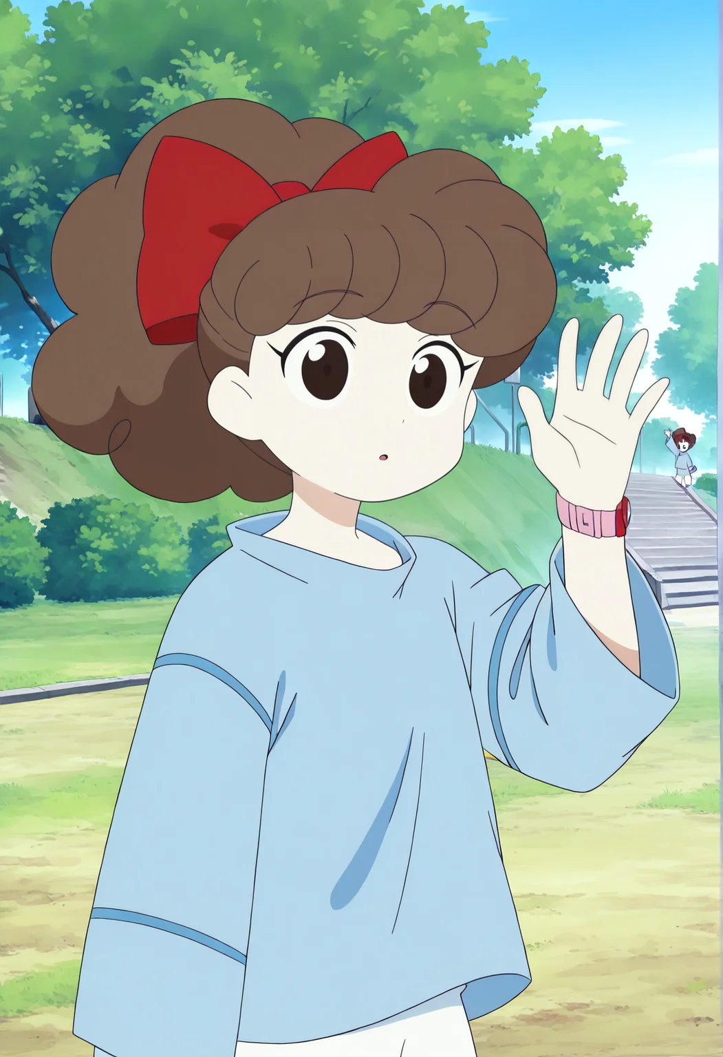 anime screenshot, anime coloring, 1girl, ponytail, long hair, brown hair, black eyes, curly hair, ribbon, blue shirt, long sleeves, wristwatch, outdoors, park, waving <lora:suzie_illus:1>, masterpiece, best quality, amazing quality, very aesthetic, absurdres, highres, newest