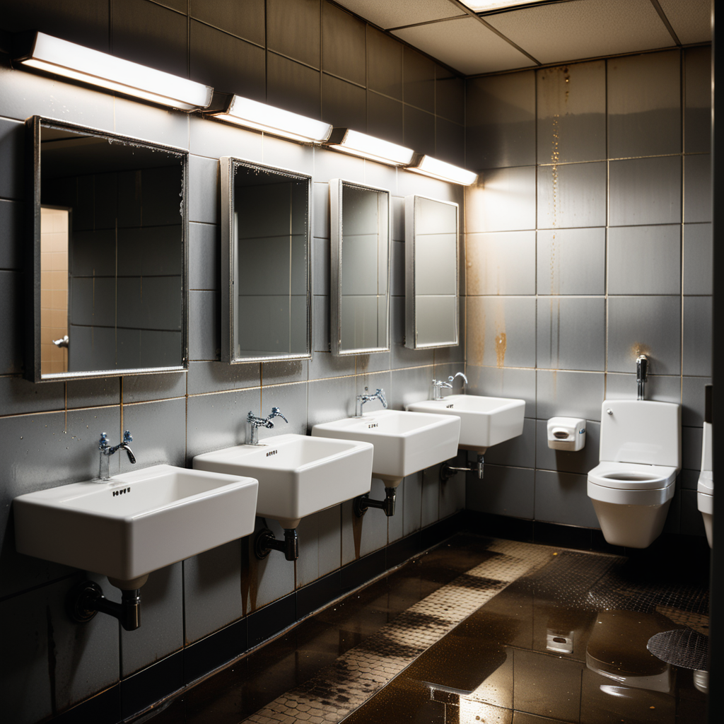 The interior of a public restroom with a utilitarian and slightly neglected design. The walls are covered in plain, slightly stained white tiles, some of which are cracked or chipped. The floor consists of large, dull gray tiles with faint scuff marks and small puddles of water near the sinks. On one side of the room, a row of metal bathroom stalls with scratched doors and faded paint lines the wall. On the opposite wall, a series of wall-mounted urinals made of white ceramic are spaced evenly, each with a metallic flush handle above. Some urinals have faint stains and water streaks, with one having a small puddle beneath it. A row of sinks with old, slightly rusted faucets sits beneath a large, streaked mirror that has smudges and water spots. Above, fluorescent tube lights buzz faintly, casting a cold, sterile glow over the space. A faint smell of cleaning chemicals lingers in the air, mixed with the dampness of the room. A hand dryer is mounted on the wall near the entrance, and a trash bin overflowing with crumpled paper towels stands nearby. The atmosphere feels functional but slightly neglected, emphasizing its everyday use.
<lora:SDXLFaeTastic2400:0.4> <lora:extremely_detailed:0.4> extremely detailed, Masterpiece,best quality,hi res,8k,hi res,8k,award winning,(sharp focus, intricate, highly detailed),