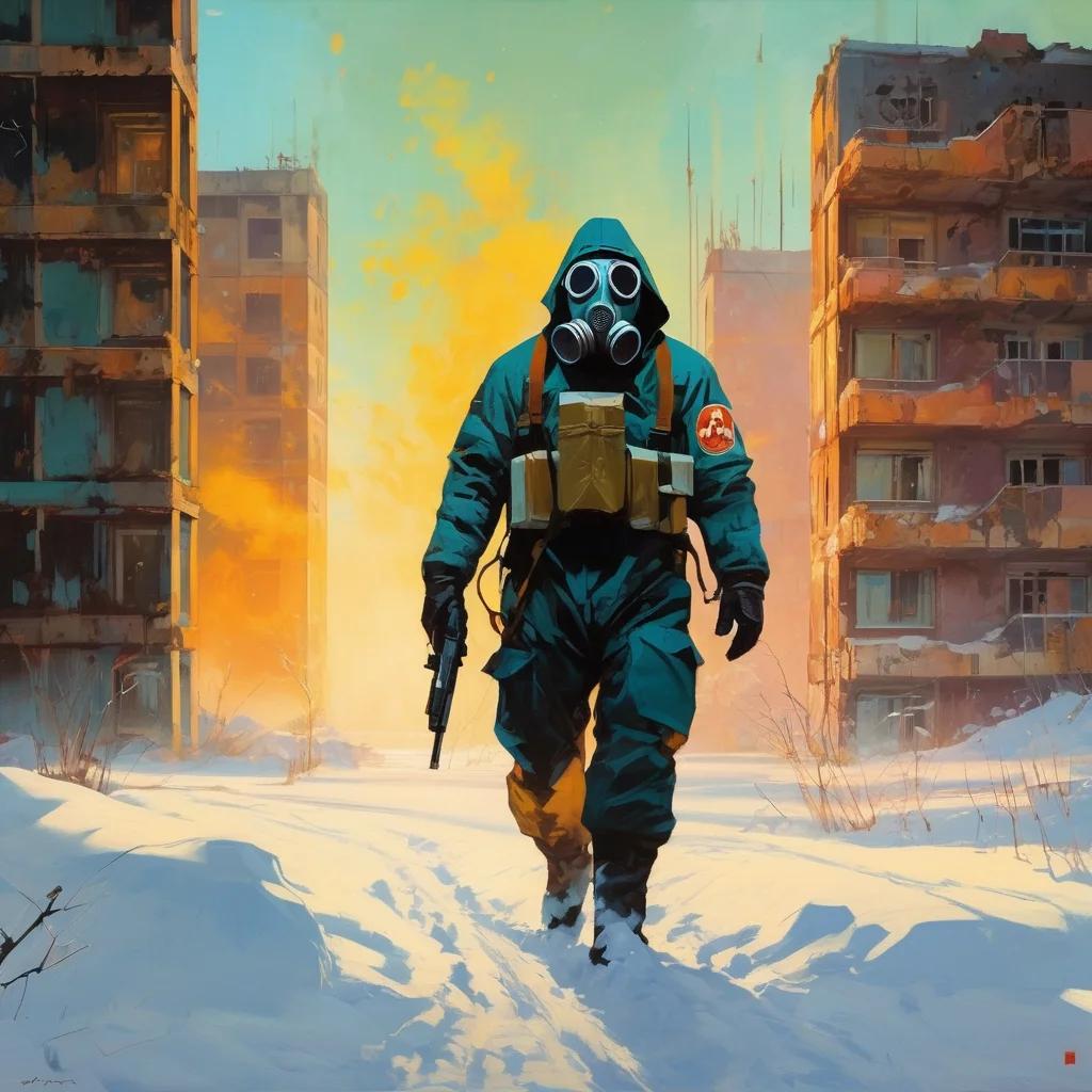 (a Retro Futurism Art style painting of A man in a biohazard suit and a gas mask walks in the snowy Pripyat:1.2) by (josan gonzalez and John Singer Sargent and sergey kolesov and Craig Mullins and hermann corrodi and aleksander rostov and kaspar tamsalu and Franz Kline:1.2)