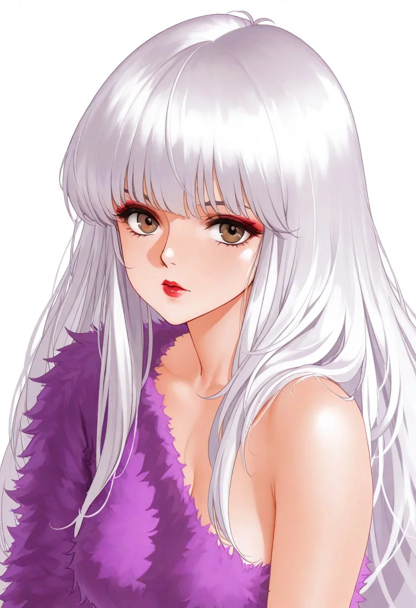 masterpiece, best quality, very aesthetic, absurdres,
1girl, upper body, solo, roxy \(jem and the holograms\), retro artstyle, 1980s \(style\), brown eyes, white hair, long hair, bangs, makeup, lips, lipstick, red lips, BREAK,
purple shirt, fur shirt, single sleeve, single bare shoulder, white background,
az-ys-il,