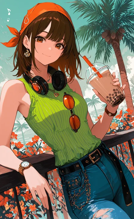 masterpiece, best quality, good quality, very awa, newest, highres, absurdres, 1girl, solo, looking at viewer, smile, shirt, brown hair, holding, closed mouth, jewelry, bare shoulders, brown eyes, flower, cowboy shot, sleeveless, pants, medium hair, belt, necklace, striped clothes, bracelet, cup, torn clothes, sleeveless shirt, headphones, sunglasses, denim, holding cup, musical note, black belt, watch, drinking straw, striped shirt, jeans, green shirt, blue pants, drink, palm tree, bandana, eighth note, wristwatch, tinted eyewear, disposable cup, unworn eyewear, headphones around neck, vertical-striped shirt, holding drink, bubble tea, orange-tinted eyewear, eyewear hang, limited palette, <lora:illustriousXL_stabilizer_v1.23:0.3> <lora:NOOB_vp1_detailer_by_volnovik_v1:0.3> <lora:ponyv6_noobE11_2_adamW-000017:0.3> <lora:114558v4df2fsdf5:0.6> <lora:XXX667:0.4> <lora:mon_monmon2133:0.5>