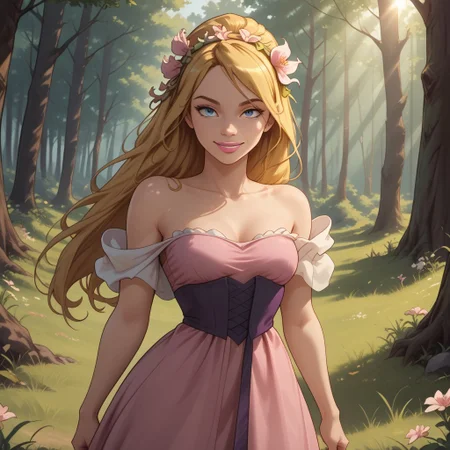 score_9, score_8, BREAK, solo, blonde hair, long hair, flower hairband, blue eyes, pink lips, lipstick, pink long dress, off shoulder dress, breasts, barefoot, Giselle_(Enchanted), cute, sexy pose, self portrait, smile, outdoors, sunlight, shadows, evening lighting, natural lighting, forest, trees, grass, orange sky, sunset