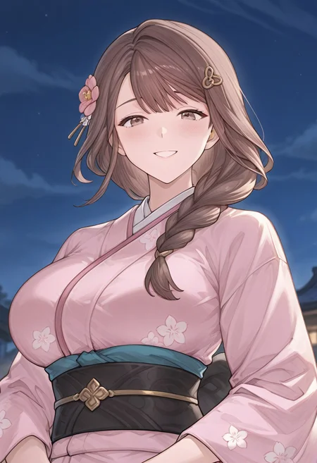 (front view), KriemhildGBF, 1girl, brown hair, braid, long hair, brown eyes, pink floral kimono, hairpin, looking at viewer, simple background, white background, big breasts, masterpiece, best quality, amazing quality, very aesthetic, absurdres, highres, newest, smile, dutch angle, from below, upper body, night, (epic:1.5),