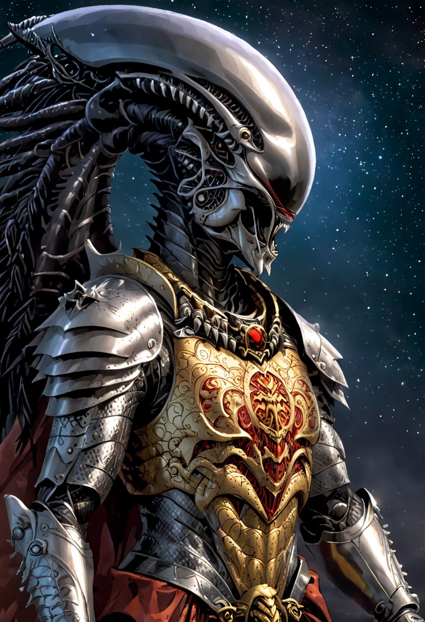 An insanely Detailed Divine Xenomorph, Golden and silver in color, cyberpunk, a crimson tinge to the golden color, Hyperdetailed, Omnipresent, Beautiful, Sinister overtones, otherworldly,((masterpiece, best quality)), fantasy, solo, 1 alien knight, silver armor chestplate with silver medieval ornaments and runes, galactic night sky background, perfect composition, sidelighting, outdoor,