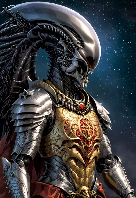 An insanely Detailed Divine Xenomorph, Golden and silver in color, cyberpunk, a crimson tinge to the golden color, Hyperdetailed, Omnipresent, Beautiful, Sinister overtones, otherworldly,((masterpiece, best quality)), fantasy, solo, 1 alien knight, silver armor chestplate with silver medieval ornaments and runes, galactic night sky background, perfect composition, sidelighting, outdoor,