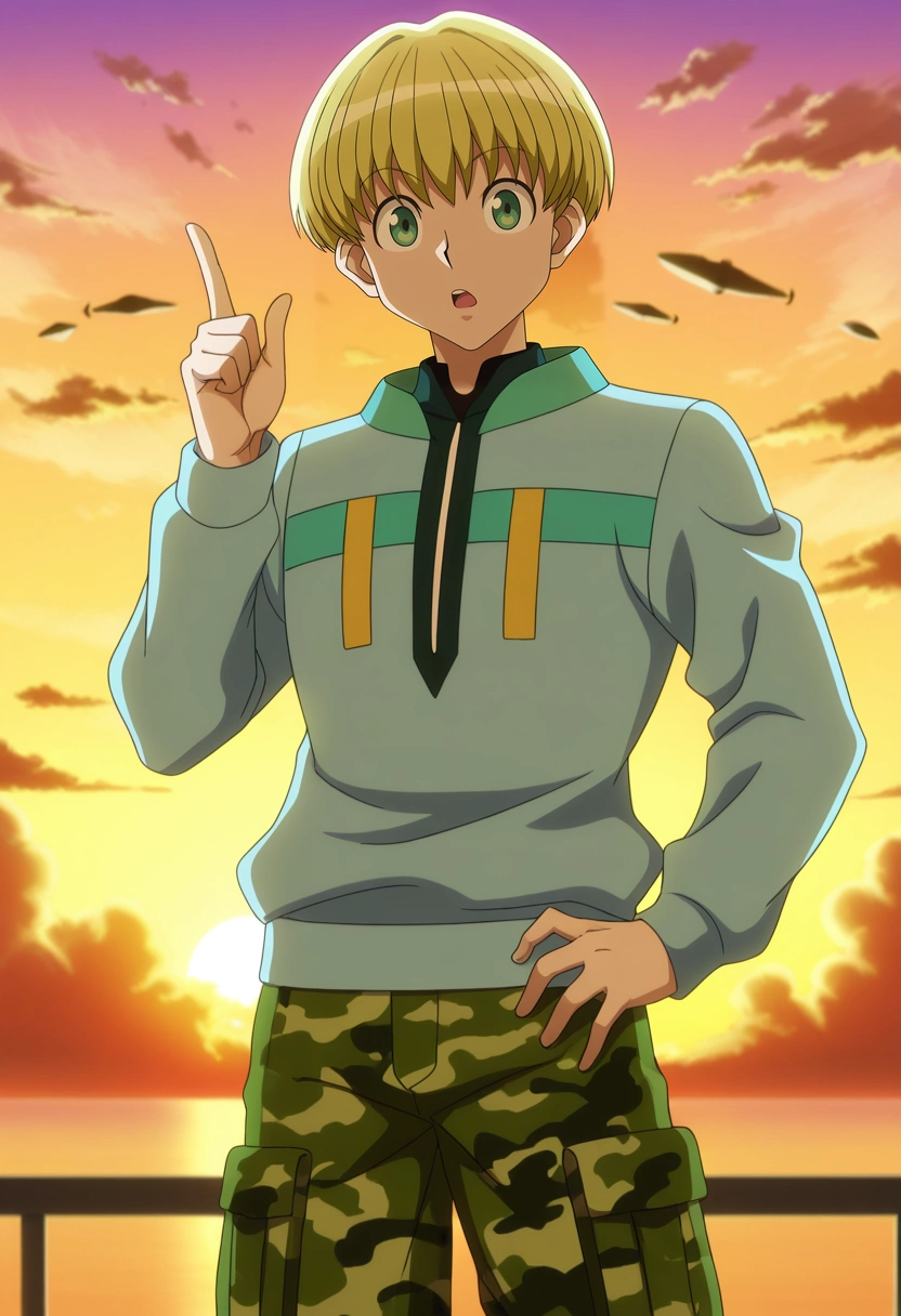masterpiece, best quality, , anime screencap, anime coloring, official style, looking at viewer, 1boy, solo, male focus, <lora:shalnark_ryuseih_ilxl:0.96>, shalnark_ryuseih, blonde hair, green eyes, short hair, bangs, , sky whale migration, floating islands, cloud sea, observation deck, pointing up, amazed expression, sunset, Camo cargo pants, Crew neck sweater, , ,