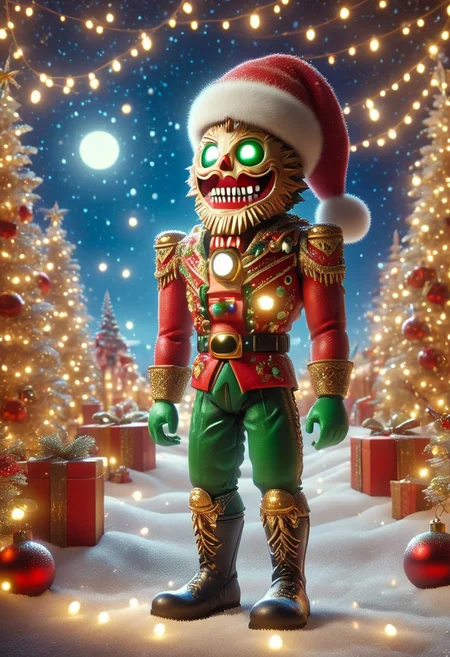 nutcracker, (cute:1.3), intricate, wooden, (hat, gloves, boots, uniform, flushed face, blush, christmas theme, fake mustache), outdoors, (christmas lights, star lit sky, night, aurora:1.2), (highres, high-definition, detailed smooth 3d), clear, ral-chrcrts, ChristmasWintery, XmasTad