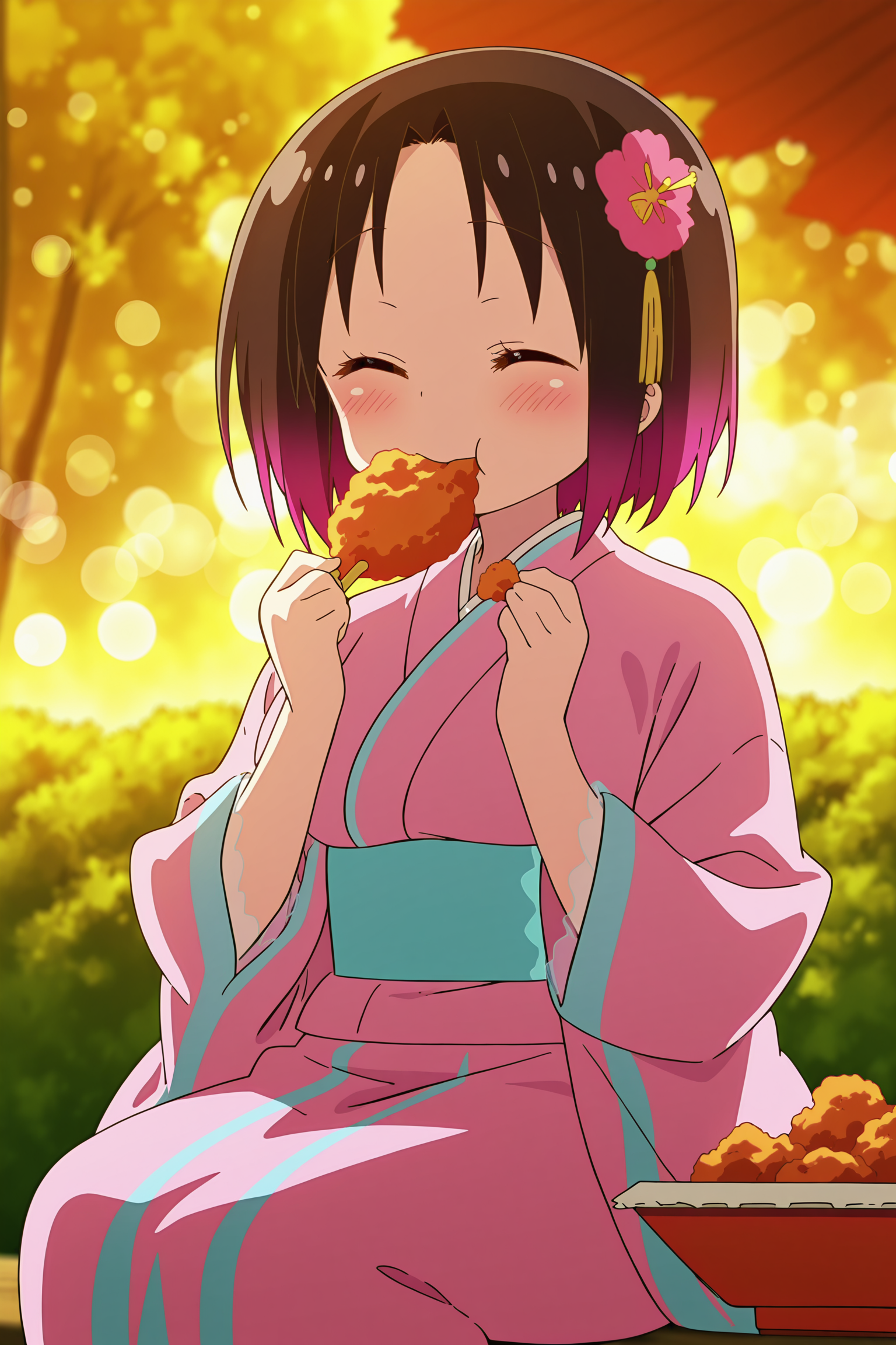 anime screencap, anime coloring, detailed face, masterpiece, best quality, very aesthetic, absurdres, bokeh, volumetric lighting, official style, amazing quality, ultra detailed,  highres, amazing quality, scenery, beautiful detailed hair, beautiful detailed eyes,
<lora:Elma_Miss_Kobayashis_Dragon_Maid:1>
outside,
Elma pink kimono (outfit), Elma (character), 1girl, eating, hair ornament, solo, kimono, Japanese clothes, food, closed eyes, sitting, sash, blush, pink kimono, short hair, hair flower, fried chicken