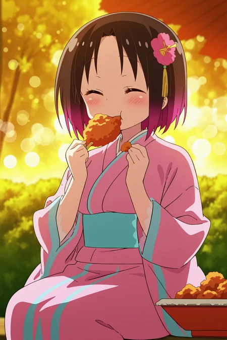 anime screencap, anime coloring, detailed face, masterpiece, best quality, very aesthetic, absurdres, bokeh, volumetric lighting, official style, amazing quality, ultra detailed,  highres, amazing quality, scenery, beautiful detailed hair, beautiful detailed eyes,
<lora:Elma_Miss_Kobayashis_Dragon_Maid:1>
outside,
Elma pink kimono (outfit), Elma (character), 1girl, eating, hair ornament, solo, kimono, Japanese clothes, food, closed eyes, sitting, sash, blush, pink kimono, short hair, hair flower, fried chicken