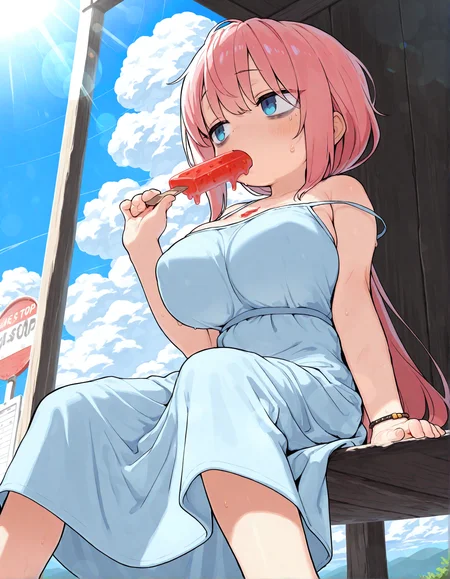 1girl, michinoku komaro,
pink hair, blue eyes, large breasts, low ponytail, very long hair, bags under eyes,
sitting, legs apart, holding popsicle, eating, looking to the side, sweatdrop, feet out of frame, from below,
sundress, long dress, sleeveless, bracelet, strap slip, spaghetti strap,
bus stop, outdoors, day, sunlight, lens flare, sunbeam, cumulonimbus cloud,
masterpiece, best quality, high quality,
<lora:loffo:1> loffo