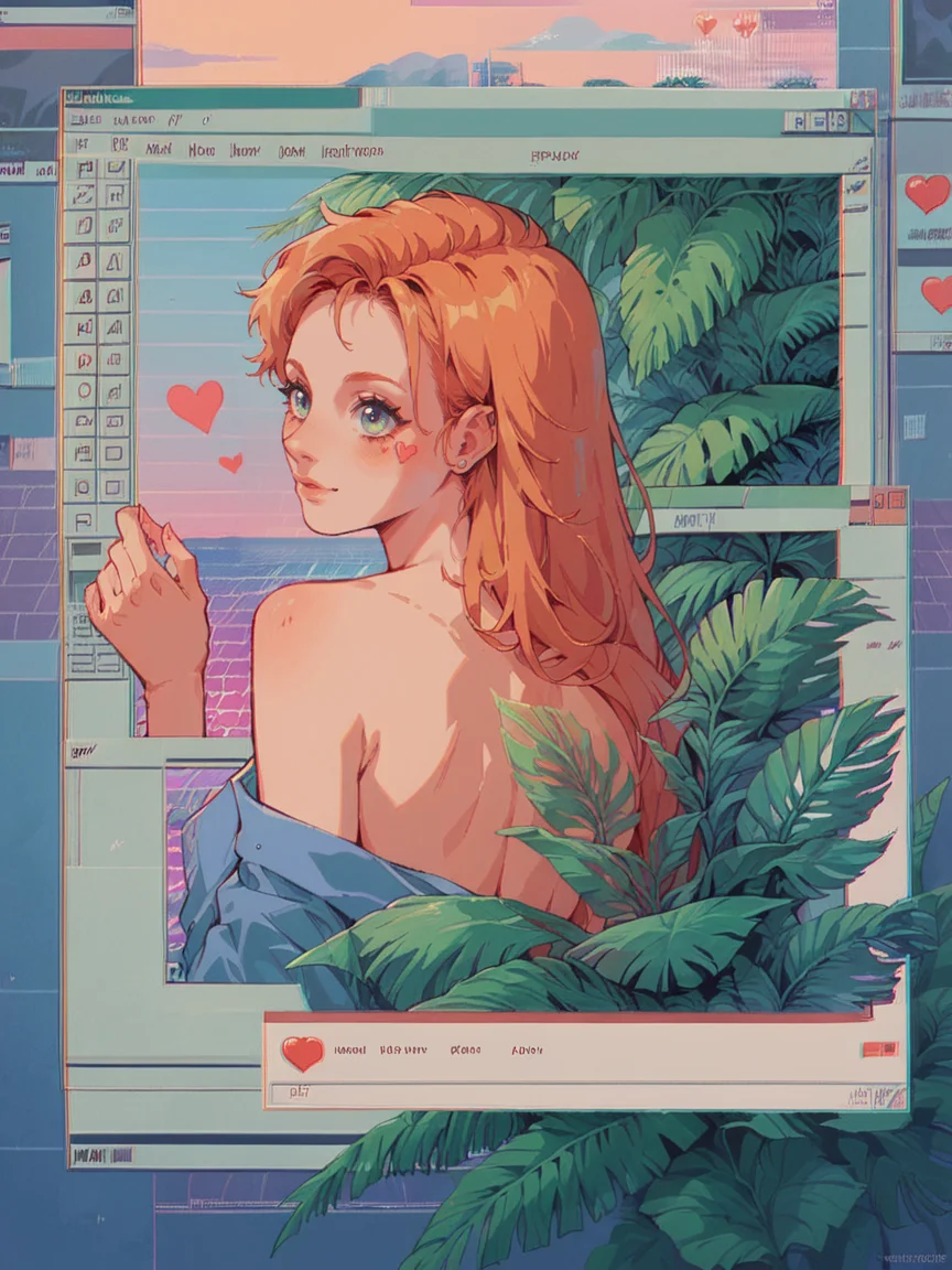 score_9, score_8_up, score_7_up, score_6_up, <lora:win98XLP:1> win98, fake screenshot, 1990s \(style\), retrowave, 1girl, plants, hearts, long hair, ginger hair