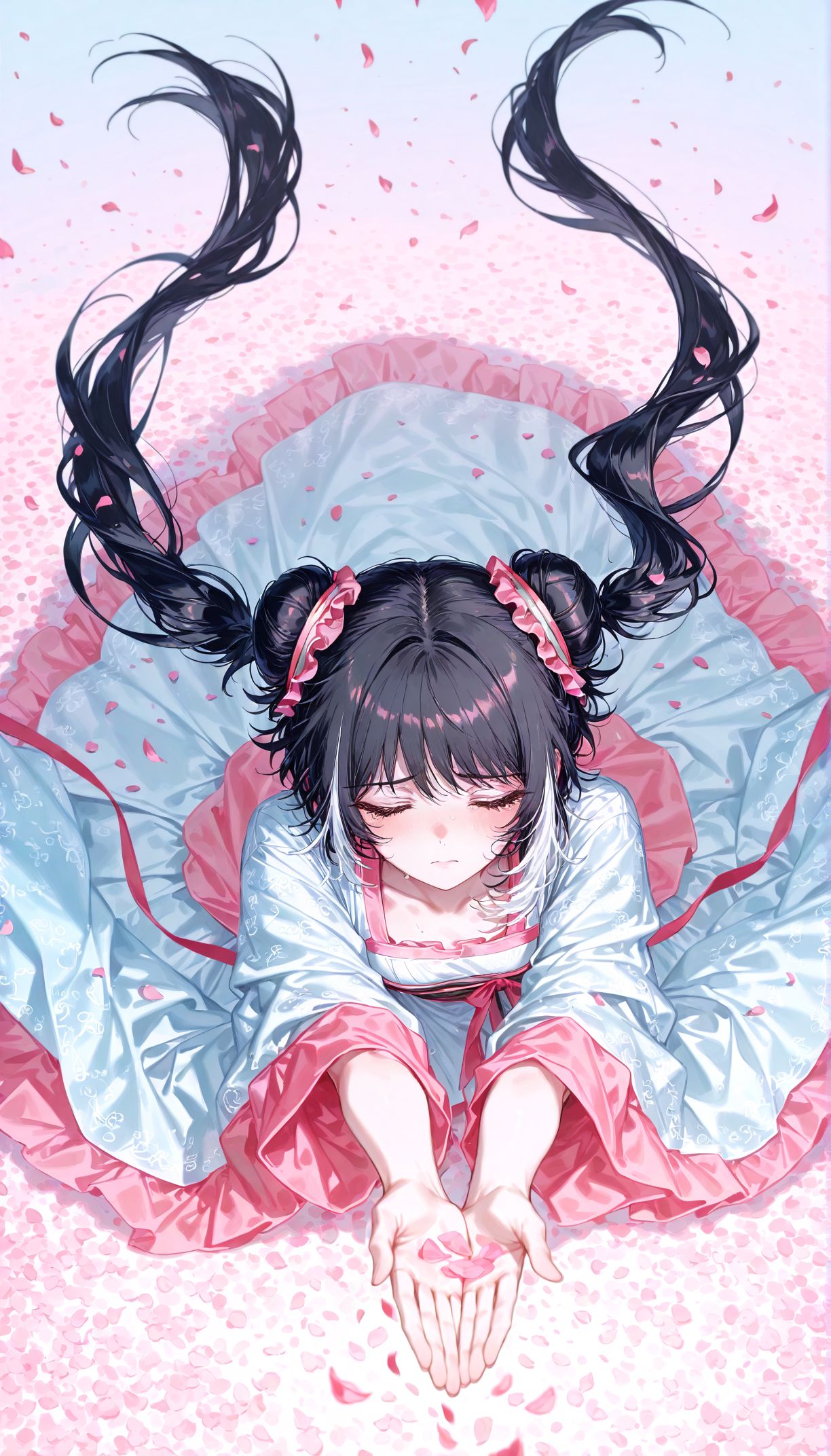 masterpiece, best quality, high quality, good quality,
detailed eyes, highres, absurdres, incredibly absurdres,
anime character,  gradient, natural image,  looking at viewer, pastel colors, vivid colors,
1girl, JiaXichunLimbus, alternate costume, ornate hanfu, white hanfu, long hair, twintails, multicolored hair, black hair, white hair, double bun, closed eyes, tearing up,  sad, very sad,
((((from above)))), looking up, throwing away petals,
scattering away petals, scattering away petals, scattering away petals, scattering away petals,
floating petals, floating petals, floating petals, floating petals,
(petals, petals, petals, petals),
foreshortening, outstreched arms, Jia Xichun.  limbus company,
<artist tags>
sharp focus, anime coloring, (very aesthetic:1.2), intricate details,
<lora:ALYX:0.8> <lora:OldAnimeStyle_XL_v3:0.3> Vintage, 1990s \(style\) <lora:Jia_Xichun_Illustrious:0.85>  <lora:Aura_illu:0.4> 4ur4_illu,shiny