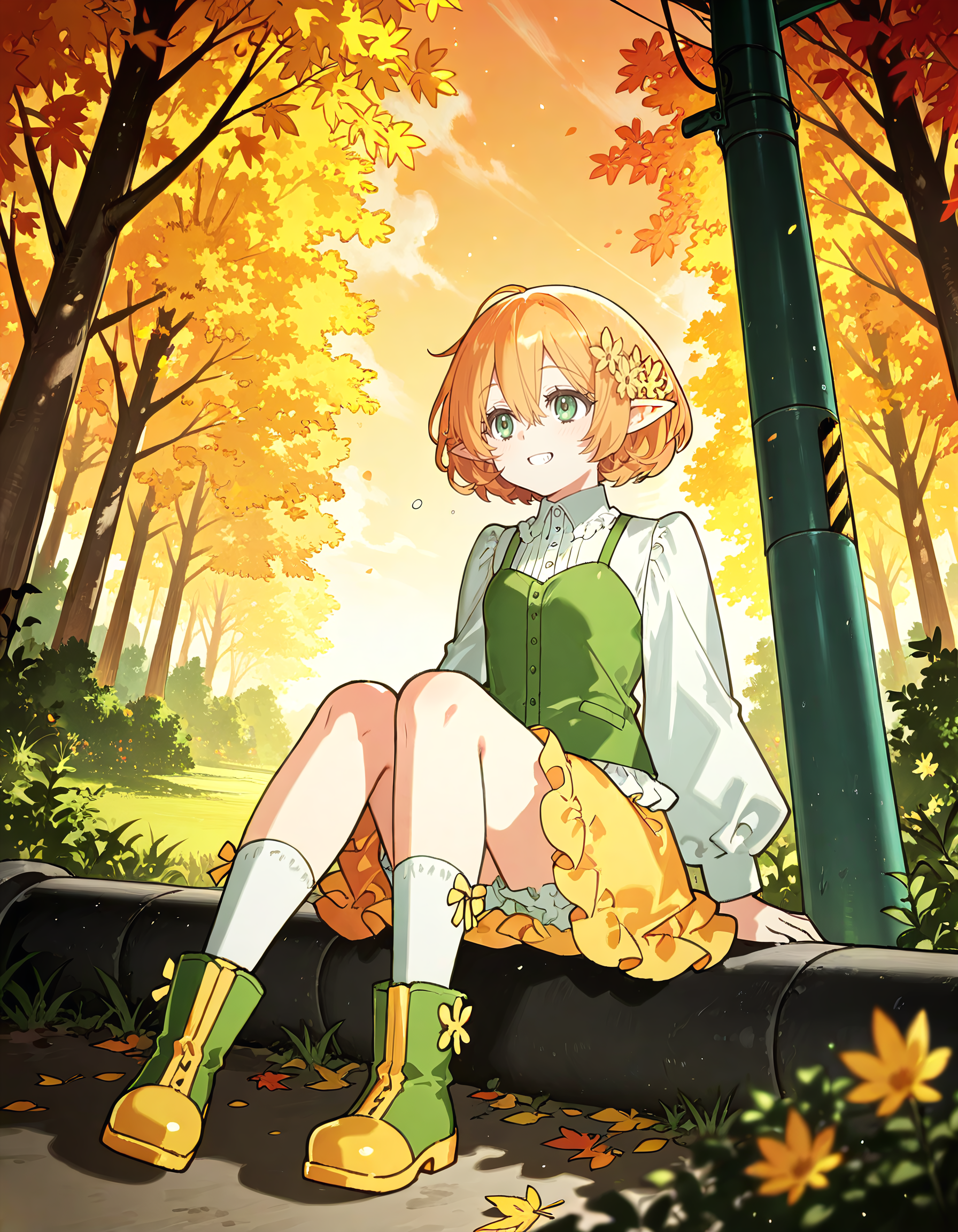 Smooth Quality <lora:michelle_IL:1> michelle, short hair, blonde hair, orange hair, hair flower, pointy ears, elf, green eyes, hair between eyes, yellow flower, aged down, small breasts, white shirt, long sleeves, frills, green vest, yellow skirt, socks, green footwear, yellow footwear, 1girl, blinking, looking_to_the_side, sitting, solo, twilight, utility_pole, autumn_forest_walk, leaves_crunching_underfoot, colorful_foliage, crisp_air, seasonal_beauty, peaceful_tranquility, gentle_grin, (starshadowmagician:1.3),, detailed eyes, detailed face, detailed skin <lora:DetailedEyes_V3:1> <lora:cfg_scale_boost:0.7> <lora:SkindentationIL3.4_alpha16.0_rank32_full_400steps:6>