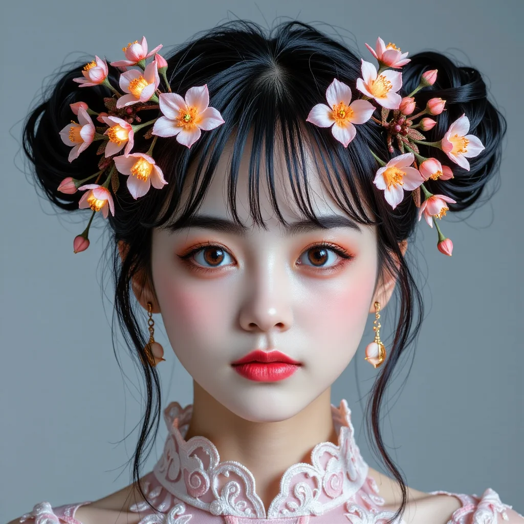 (Zhan Yihung V2:1.9),((black hair:1.2)),((double bun:1.1)),a symmetrical front view,close up shot,soft grey studio backdrop,
(in Otomo Katsuhiro style:1.2),masterpiece,high-quality,A close-up of a womans face framed by delicate glowing flowers entwined in her hair,Her skin is dappled with petal-like patterns,each breath she takes causes the flowers to pulse with a gentle light,Her gaze is calm yet powerful,Photorealistic,soft glowing flora,dreamlike ambiance,(elaborate fine details:1.1),(elaborately detailed attire with extraordinary elements and headdress:1.1),(hyperdetailed:1.1),(intricate details:1),(Refined details:1.1),(best quality:1.1),(high resolution:1.2),
<lora:Fiatist_Skin:0.1>,<lora:Zhan_Yihung_v2:1.5>,<lora:midjourney_whisper_flux_lora_v01:0.4>,<lora:Halloween_portrait_flux:1>,